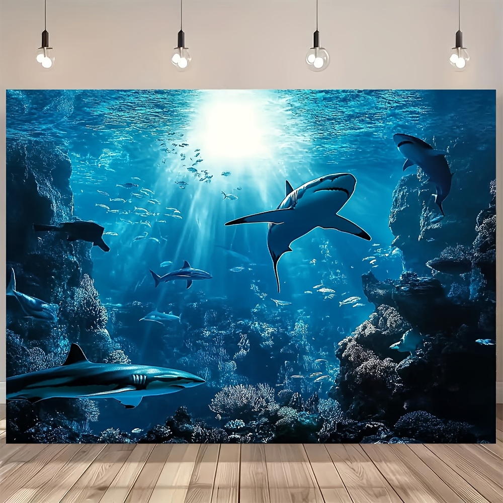 Ocean Aquarium - 웅장한 심해 상어 벽걸이 태피스트리, 푸른